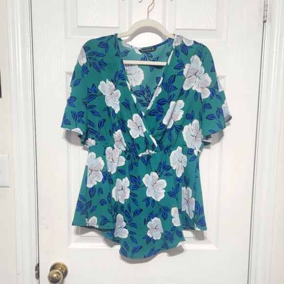 BloomChic Teal Floral Blouse - Picture 1 of 4